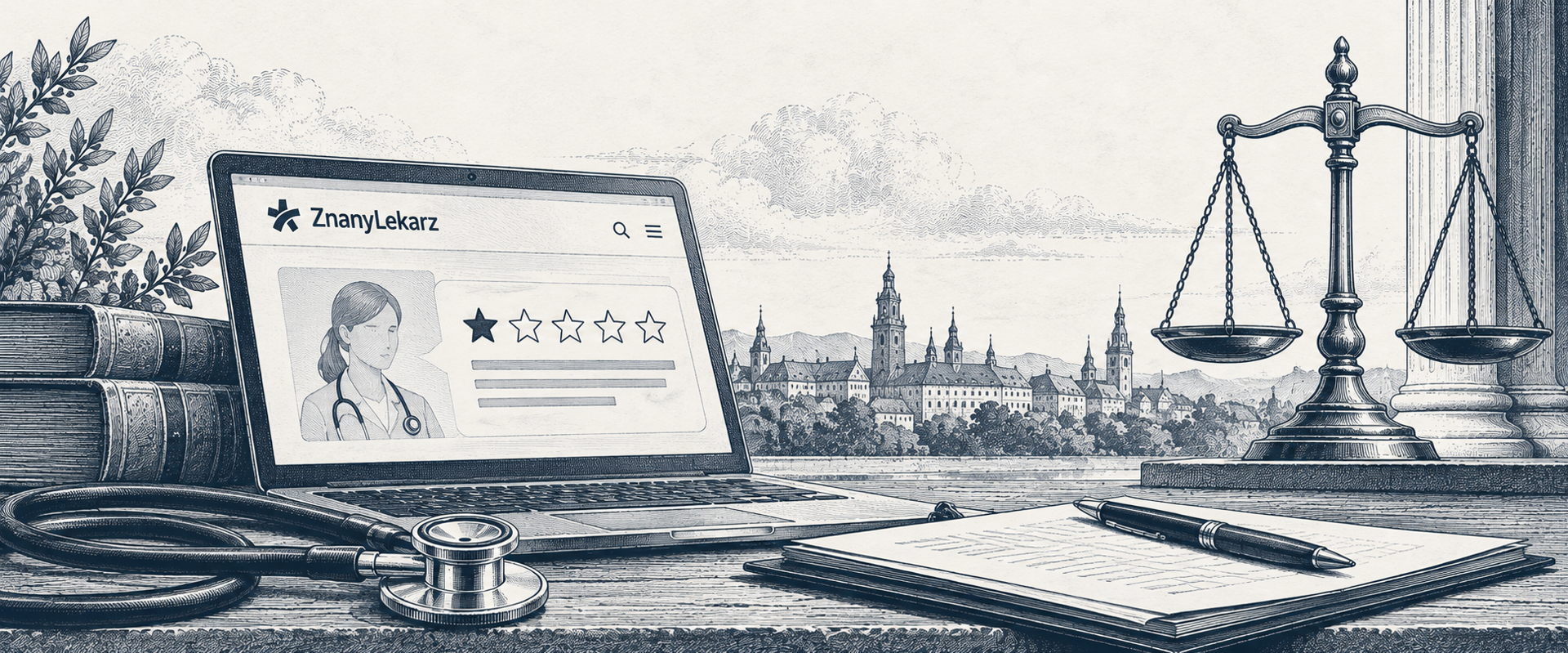 Laptop z profilem lekarki i oceną jednej gwiazdki, obok stetoskop, tomy ksiąg i waga sprawiedliwości, w tle panorama miasta — rycina